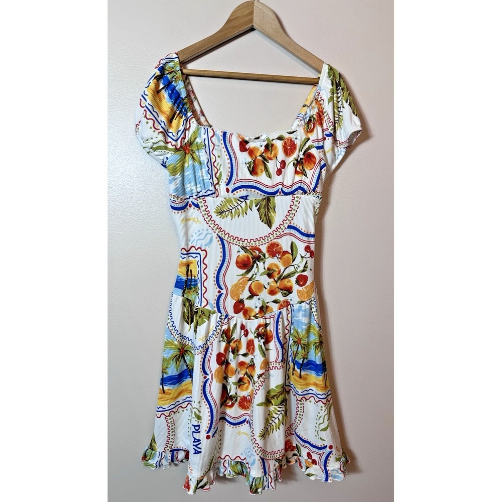 Derek Heart Dress Medium White Orange Fruit Print Fit Flare Picnic Vacation Mini